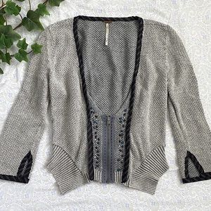 Free People 100% cotton cropped boho woven zip sweater w/ sequins, gray